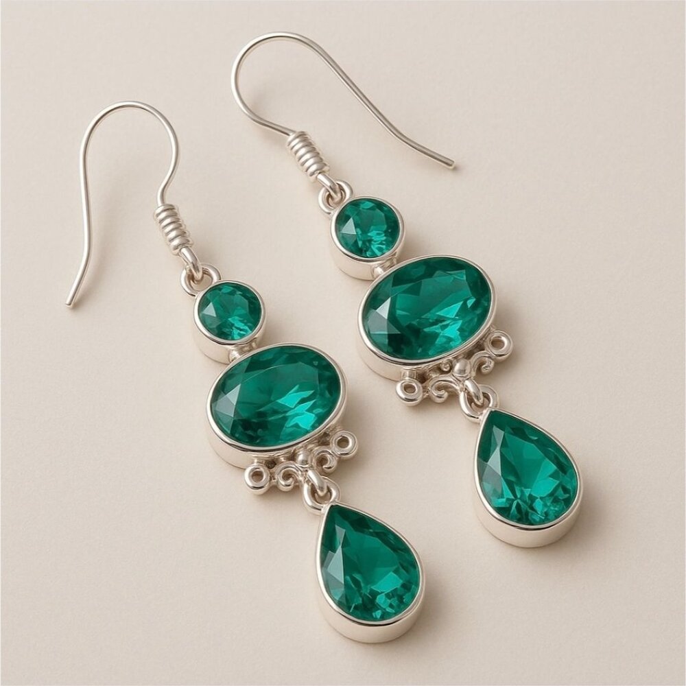 Artisan ✦ Paraiba Tourmaline 3‑Stone Drop Earrings ✦ Sterling Silver Handmade - Picture 5 of 11